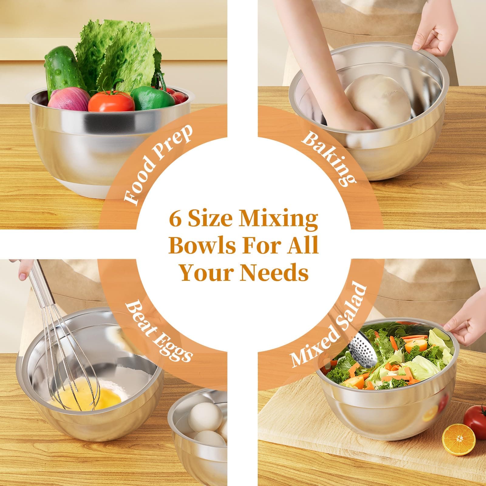 Mixing Bowls with Lids Set, 6 Piece Stainless Steel Nesting Storage Bowls for Kitchen, with 3 Grater Attachments & Non-Slip Bottoms, Size 5.5,3.5,2.5,2.1,1.5,1.1 QT thumbnail 7
