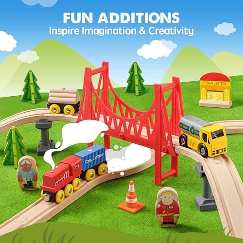 Tiny Land 55PCS Wooden Train Set - Compatible with Major Brand Tracks, Educational Toy for Toddlers & Kids Ages 3-7, Durable Wooden Railway Tracks thumbnail 5