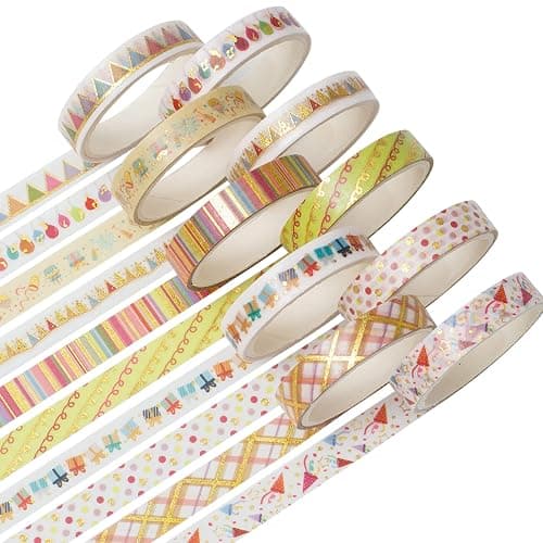 YUBBAEX 10 Rolls Sparkling Washi Tape Set 8mm Skinny Gold/Silver Foil Decorative Masking Washi Tapes for Bullet Journal,Scrapbook, Planner, DIY Crafts (Party Elements) - Image 1