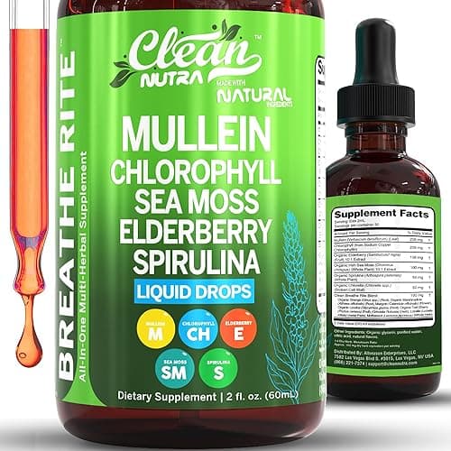 Organic Mullein Liquid Drops With Chlorophyll for Lung Detox Plus Irish Sea Moss, Spirulina, Licorice, Tart Cherry, Lobelia, Motherwort, And Elderberry For Men Women Health Supplement Vitamin - Image 1