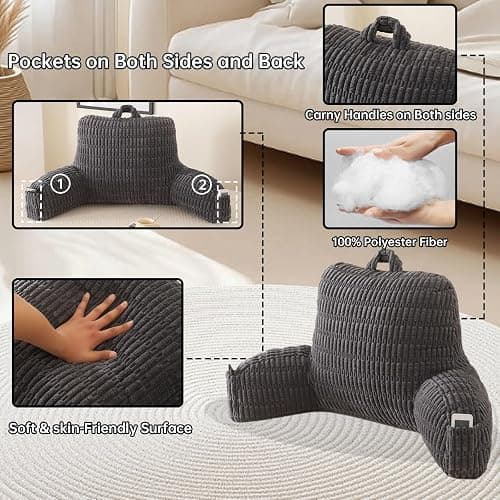 PAJEO Reading Pillow for Sitting in Bed, Large Backrest Reading Pillow with Arm Rest,Back-Rest Support Cushion for Sit Up on Couch, Sofa, and Floor, Dorm Essentials (Grey Corduroy, Large(19")) thumbnail 5