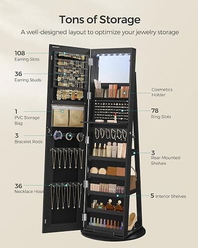 SONGMICS LED Jewelry Cabinet Standing, Lockable Armoire With Full-Length Mirror and Adjustable Lights, Space-Saving Organizer, Christmas Gifts for Women, Gift Idea, Ink Black UJJC008B01 thumbnail 8