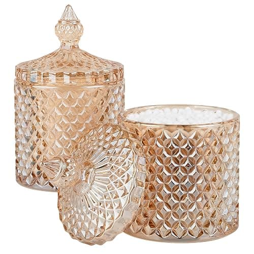 2 Pack Qtip Holder Thick Glass Apothecary Jars with Lid for Bathroom Decor Storage Organizer for Cotton Swabs, Balls, Pads, Floss Picks, Candy, Jewelry, Amber - Image 1