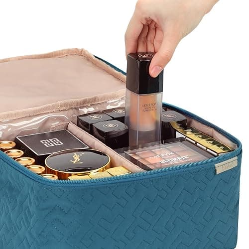 NISHEL Large Double Layer Travel Makeup Bag Women, Cosmetic Case, Organizer for Travel-Size Accessories Bottles, Brushes, Conditioner, and Skin Care Products, Lake Blue thumbnail 5