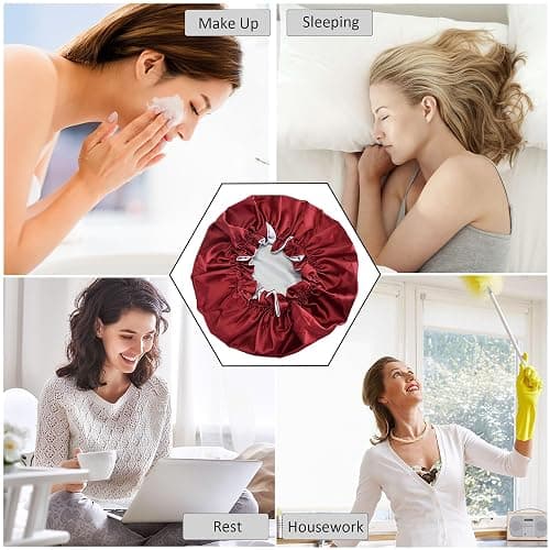 Beutyme Silk Bonnet for Sleeping Satin Bonnets Double Layer Reversible Hair Cap Bonnet for Women Long Curly Braid Hair (Crimson) thumbnail 5