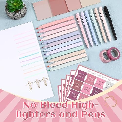 Dunzoom 33 Pcs Bible Study Supplies Kit for Women Bible Journaling Kit Christian Gifts No Bleed Highlighters Pens Case Tabs Tapes Sticky Notes Paper Clips Markers for Students Beginner(Pink) thumbnail 5