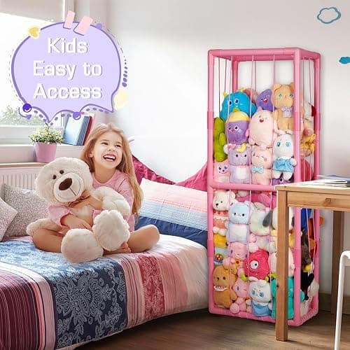 Trycooling Stuffed Animal Storage Zoo Stuffed Animal Holder Space Save Vertical Stuffed Animals Storage PVC with Elastic Band and Net for Playroom Bedroom Nursery (Pink 1) thumbnail 6