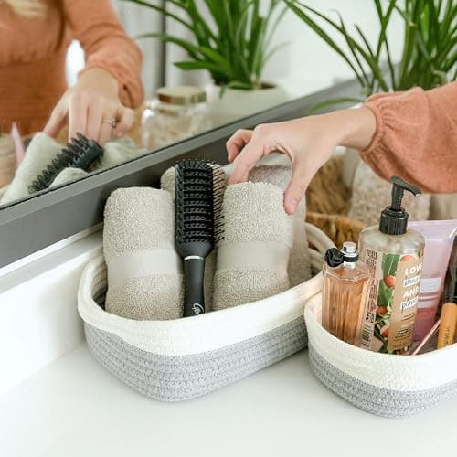 NaturalCozy 5-Piece Rectangle Storage Basket Set- Natural Cotton Rope Woven Baskets for Organizing! Small Basket for Montessori, Baby Nursery, Dog Toy Baskets, Cat Toy Box, Bathroom Organization Bin thumbnail 9