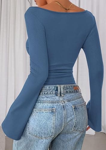 PRETTYGARDEN Women's Long Sleeve Shirts 2025 Fall Crop Going Out Tops Casual Boat Neck Bell Sleeve Ribbed Ruched Y2K Clothes thumbnail 6