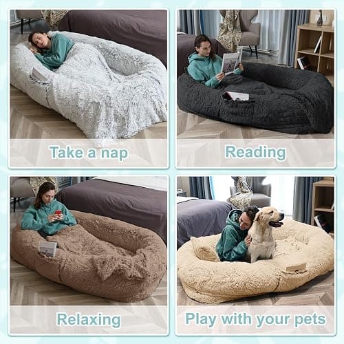 YAEM Human Dog Bed Fits You and Pets for People Doze Off, Washable Faux Fur Napping Orthopedic Dog Bed, Present Plump Pillow, Blanket, Strap-Grey, 71"x45"x12" thumbnail 6