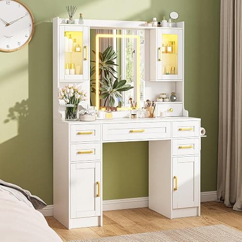 KAMABOKO Vanity Desk with Mirror & LED Lights & Power Outlet, Large Makeup Vanity Table with 5 Drawers and 4 Storage Cabinets, White Dressing Table for Bedroom thumbnail 6