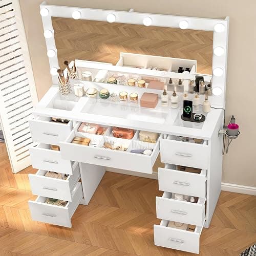 Quimoo Vanity Desk with Glass Top & Large Lights Mirror, 3 Adjustable Lighting Color, 44" Makeup Vanity Desk with 9 Drawers and 12 LED Lights, Vanity Table, Dressing Table for Bedroom(White) thumbnail 4