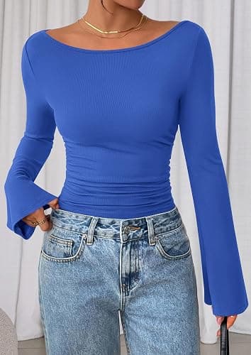 PRETTYGARDEN Womens Long Sleeve Shirts 2026 Spring Crop Going Out Tops Casual Boat Neck Bell Sleeve Ribbed Ruched Y2K Clothes thumbnail 7