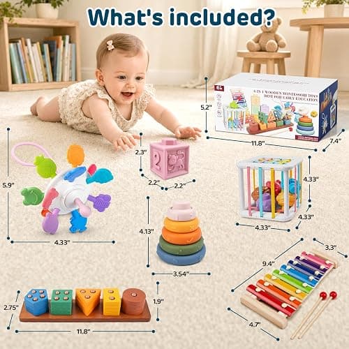 6-in-1 Montessori Baby Toy Set with Wooden Shape Sorter Xylophone Teether | 5 Stacking Rings, 6 Building Blocks, 20 Shape Blocks, Sensory Cube, Stacking, Sorting, Matching, Fine Motor Play, Baby Gift thumbnail 3