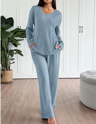Ekouaer Lounge Sets for Women Long Sleeve Knit Ribbed Pajama Sets 2 Piece Casual Loungewear with Pockets thumbnail 2