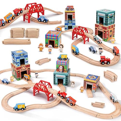 Wooden Train Set for Kids 3-7, Wood Train Tracks Complete Town Railway Playset with Matching Figures, Vehicles, Stacking and Nesting Blocks, Sorting & Stacking Toys Gifts for Boys Girls - Image 1