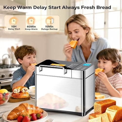 KBS Pro 710W 2LB Bread Maker, Stainless Steel 17-in-1 Smart Bread Machine with Healthy Ceramic Pan, Automatic Nut Dispenser, Tempered Glass Touch Panel, 3 Crust Colors, 15H Timer& Keep-Warm, Recipes thumbnail 6