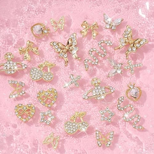 FOSDICK 24 Stück Gold Nagel Charms, 3D Charm Nägel, Nail Art Charms mit Herz Schmetterling Schleife Kirsche Design für Strasssteine Nagelkunst DIY Glitzersteine Schmuck thumbnail 4