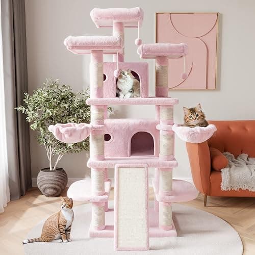 SHA CERLIN 68 Inches Multi-Level Large Cat Tree for Large Kitties/Big Cat Tower with Condo/Cozy Plush ‌Pussycat Perches/Sisal Scratching Posts and Hammocks/Activity Center/Pink thumbnail 2