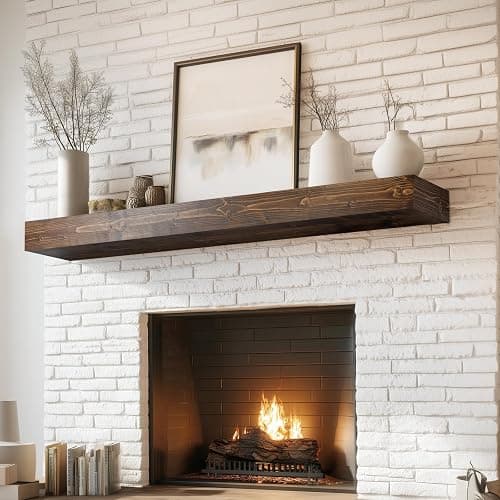 ABSWHLM 48x8x3 Fireplace Mantel - Handcrafted Hollow Rustic Solid Wood Wall Mounted Floating Shelf with Invisible Heavy Duty Wood Bracket (Weathered Brown) - Image 1