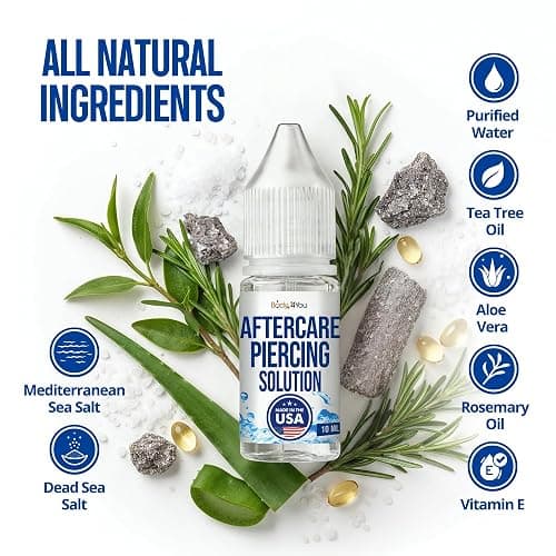 BodyJ4You Piercing Aftercare Drops - Saline Solution Natural Keloid Bump Removal - Ear Piercing Cleaner Nose Septum Belly Button Cartilage - Tea Tree Oil Sea Salt Aloe Rosemary - 0.33 Fl Oz | Cleans New Piercings Ear Nose - Soothes Septum Belly Button - Sea Salt Aloe Keloid Bump Care Travel Size 0.33 Fl Oz Dropper thumbnail 3