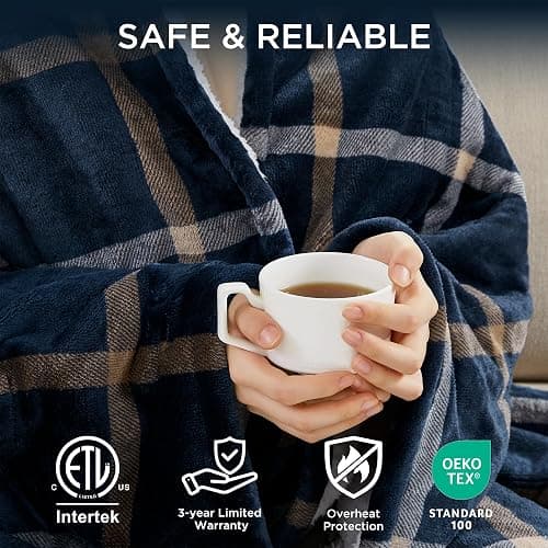 Woolrich Plush Sherpa Electric Blanket 50x60 Plaid Navy Cozy Layer | Adjustable heat settings, Auto shutoff for overnight use, Warm reverse side, Machine washable easy care, OEKO-TEX certified thumbnail 2
