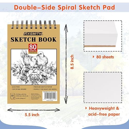 FIXSMITH 5.5"X8.5" Sketch Book | 160 Sheets (68 lb/100gsm) | 2 Pack Sketchbooks | Top Spiral Bound Artist Sketch Pad | Acid Free Drawing Pad | Ideal for Kids,Beginners,Artists &Painters | Bright White thumbnail 4