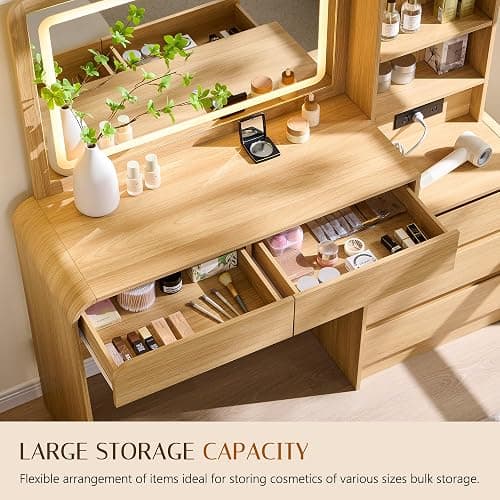 wow97e 50" Makeup Vanity Desk with 35.43" Mirror and Lights, Large 5 Drawers Makeup Table with Adjustable Shelves and Charging Station, 3 Lighting Modes for Women and Girls, Bedroom or Dorm, Natural thumbnail 4