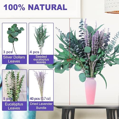 52 PCS Mix Dried Eucalyptus & Lavender Flowers Bundles for Shower, 17'' Natural Real Hanging Silver Dollar Eucalyptus Leaves Stems, Fragrance Fresh Plants Home Bathroom Decor (52pcs) thumbnail 2