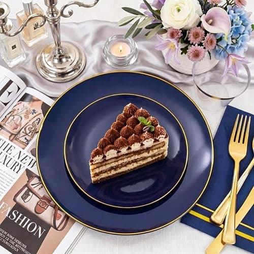 NOCCUR 350PCS Navy Blue Plastic Plates - Blue Disposable Dinnerware Set for 50 Guests, 100 Dinner/Dessert Plates, 150 Gold Silverware, 50 Cups&50 Napkins for Party/Wedding/Graduation/Independence Day thumbnail 10