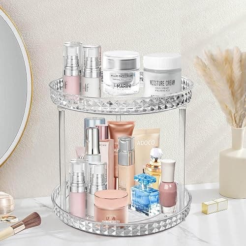 2 Tier Diamond Lazy Susan Bathroom Organizer Countertop, Clear 360 Rotating Cosmetic Makeup Organizer for Vanity, Skincare Organizers Perfume Organizer for Counter - Organization and Storage -9.25INCH - Image 1