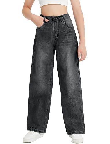EXARUS Girls Jeans Baggy Wide Leg Cute Teen Denim Pants Junior Mid Rise Elastic Band with Pockets Casual Clothes thumbnail 2