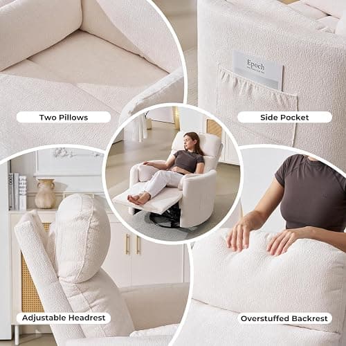 Rhevoy Oversized Swivel Recliner Chair with Massage and Heat, Rocking Chair Nursery with Adjustable Headrest, Rocking Chair Nursery Glider Chairs with 2 Pillows, Glider Rocker Recliner, White thumbnail 6