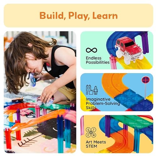 PicassoTiles 100 PCs Race Car Track Set Magnetic Toy Building Block with 2 LED Cars with Height Adjustable Roads Signs Education STEM Building Kit Learning Construction Fun for Boys & Girls Ages 3+ thumbnail 2