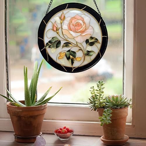 AMDERVEN Stained Glass Window Hanging - Black White Pink Rose Sun Catcher for Door Home Decor Flower Suncatcher Christmas Mother's Day Birthday Gifts for Women Men Lovers Mom Nana 7.8 in thumbnail 4