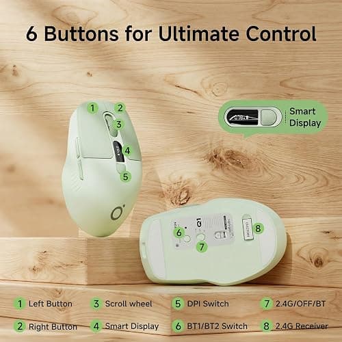 SEUNKWANG EWEADN Q1 Wireless Mouse, BT & 2.4G Silent Mouse Quiet Click with 1600 DPI Levels, Battery & DPI LED Screen Display, 6 Button Small Portable Bluetooth Mouse for Laptop/PC/Mac-Green thumbnail 8