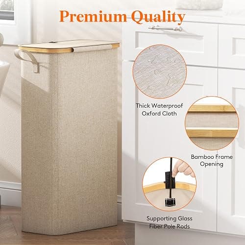 Lifewit 65L Slim Laundry Basket, Laundry Hamper with Lid, Narrow Laundry Bin with Removable Bag & Bamboo Handles, Fodable Thin Dirty Clothes Hamper for Bathroom Bedroom Dorm, Beige - Beige - 65L thumbnail 6