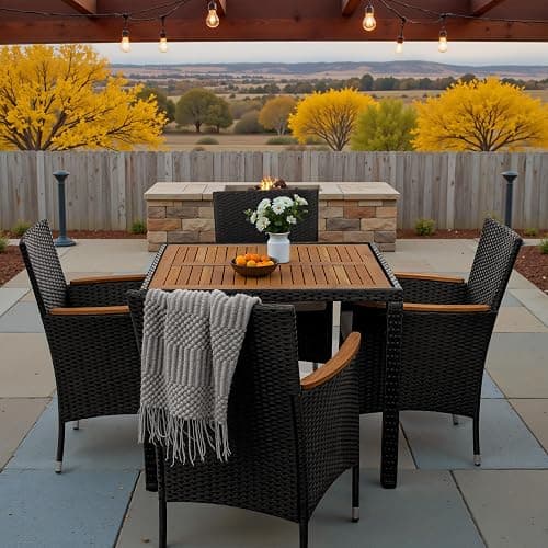 Greesum 5 Pieces Outdoor Patio Dining Set, Conversation Sets with 1 Table and 4 Rattan Chairs with Curved Acacia Wooden Armrests and Cushions, Black - Image 1