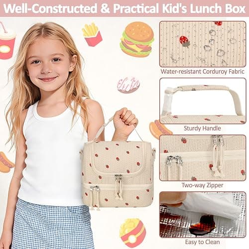 Vankor Corduroy Lunch Box Kids Insulated Lunch Bag Double Decker, Cute Leak-Proof Lunch Box for Boys Girls, Portable Cooler Lunch Bag Thermal Lunch Tote for School Picnic Travel, Beige Strawberry thumbnail 5