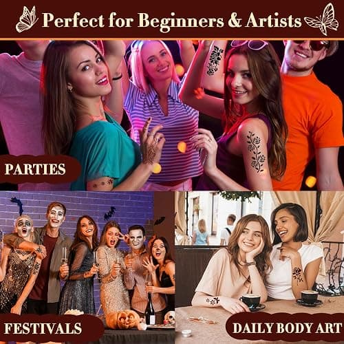 Temporary Tattoo Kit with 20 Sheets Stencils, 14 Ink Colors & Accessories | DIY Body Art Set with Mixing Bottles, Cotton Swabs and Gloves for Festivals, Parties, Makeup and Creative Designs thumbnail 5