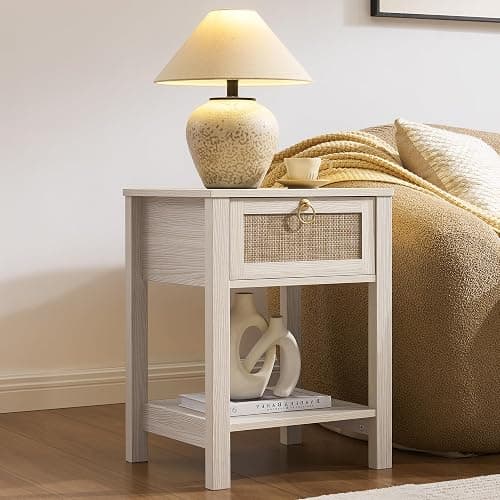 SICOTAS White Nightstand Set of 2,Rattan Decor Drawer with Brass Knobs Night Stand Bedside Table Boho End Tables Side Tables with Storage Shelf for Bedroom,Small Space thumbnail 8