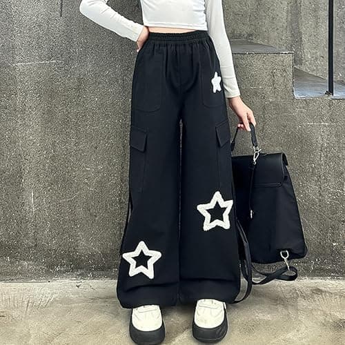 Viatabuna Star Cargo Baggy Pants for Girls Kids High Elastic Waist Embroidery Y2k Wide Leg Pull On Trousers with Pockets thumbnail 4