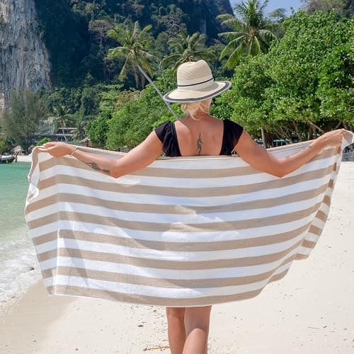 Arkwright California Cabana Stripe Beach Towel - Pack of 4, Large Soft Quick Dry Cotton Terry Towels Set for Pool, Swim, and Hot Tub, Oversized 30 x 70 in, Beige thumbnail 2