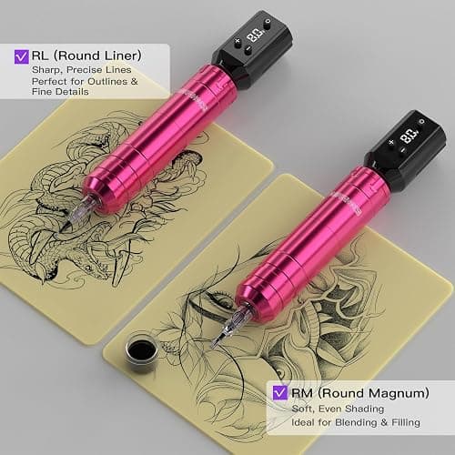 Wromhole Tattoo Pink Wireless Tattoo Kit Rotary Tattoo Pen Machine with 2 Rechargeable Power Supplies 10 Tattoo Inks 20 Cartridge Needles Complete Tattoo Supplies for Beginners thumbnail 5