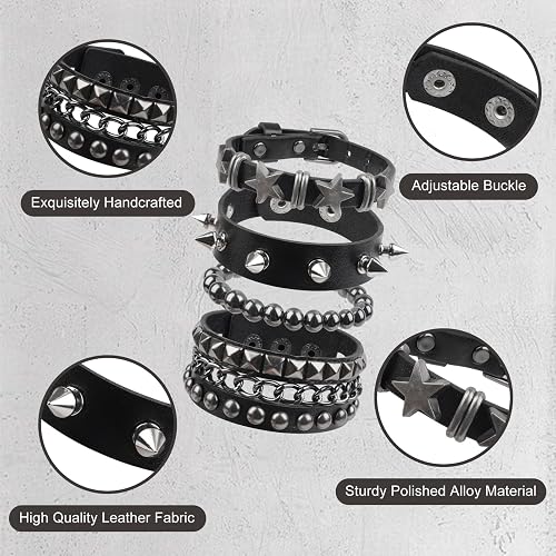 Molirex 4 Pcs Punk Rock Studded Bracelet Set Leather Cuff Bracelets for Men Women 80s Emo Goth Accessories thumbnail 5