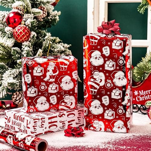 Yarcony Reversible Christmas Wrapping Paper Roll,Red Wrapping Paper, Metallic Foil Red Santa, HOHO Pattern Holiday Gift Wrap Paper for Christmas, Party, Celebration, New Year (17 Inch X 33 Feet) thumbnail 5