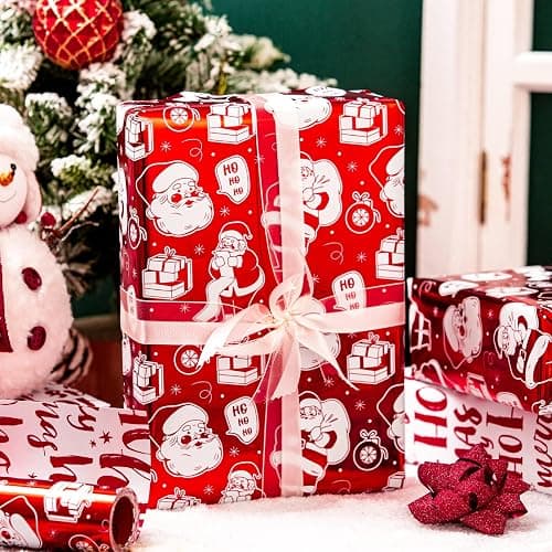 Yarcony Reversible Christmas Wrapping Paper Roll,Red Wrapping Paper, Metallic Foil Red Santa, HOHO Pattern Holiday Gift Wrap Paper for Christmas, Party, Celebration, New Year (17 Inch X 33 Feet) thumbnail 2