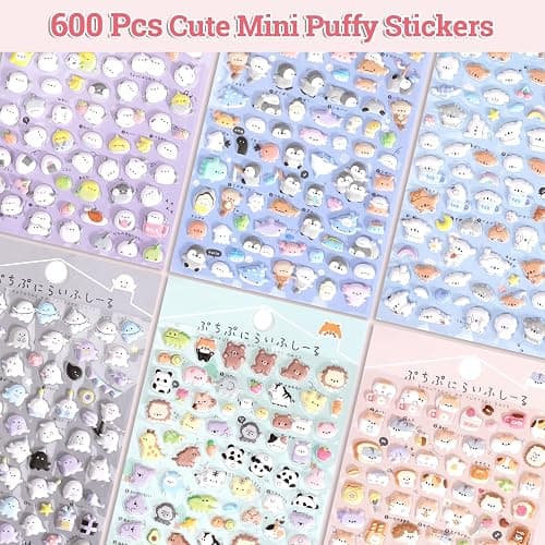 Jactales 600+ Cute Mini Puffy Stickers-Small 3D Tiny Micro Bulk Sticker Set for Kids Girls Adults-Includes Kawaii Japanese Cartoon Ghost Animal Cat Dog Penguin Birds for Phone Case-Removable-6 Sheets thumbnail 4