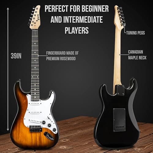 LyxPro Full Size Electric Guitar with 20w Amp, Package Includes All Accessories, Digital Tuner, Strings, Picks, Tremolo Bar, Shoulder Strap, and Case Bag Complete Beginner Starter kit Pack,Sunburst thumbnail 3
