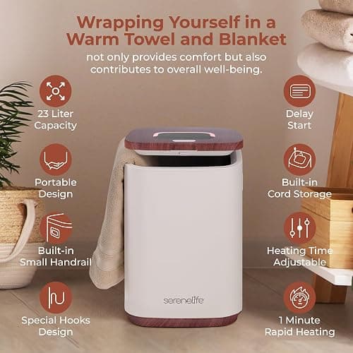 SereneLife Towel Warmer - 23L Capacity Bucket with Timer Function, Fits Up to Two Oversized Towels for Bathroom, Wood thumbnail 6